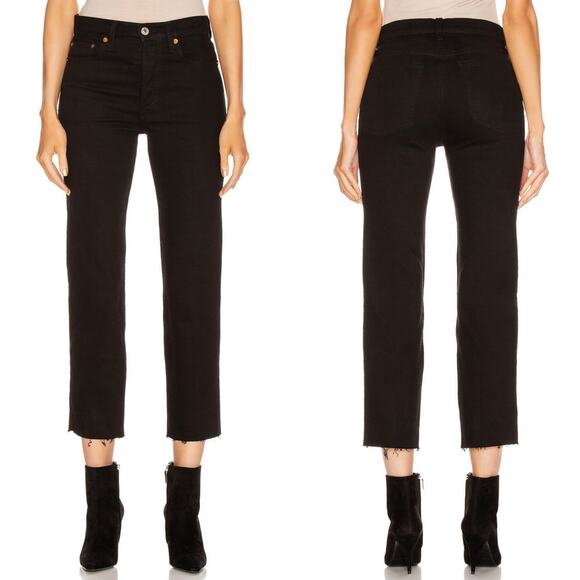 RE/DONE NWT 70s Stove Pipe Jeans Jet Black Raw Hem Women’s Size 24